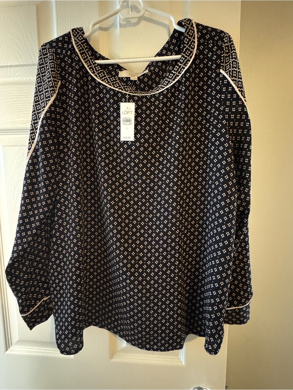 LOFT Navy Diamond-Print Blouse with White Piping